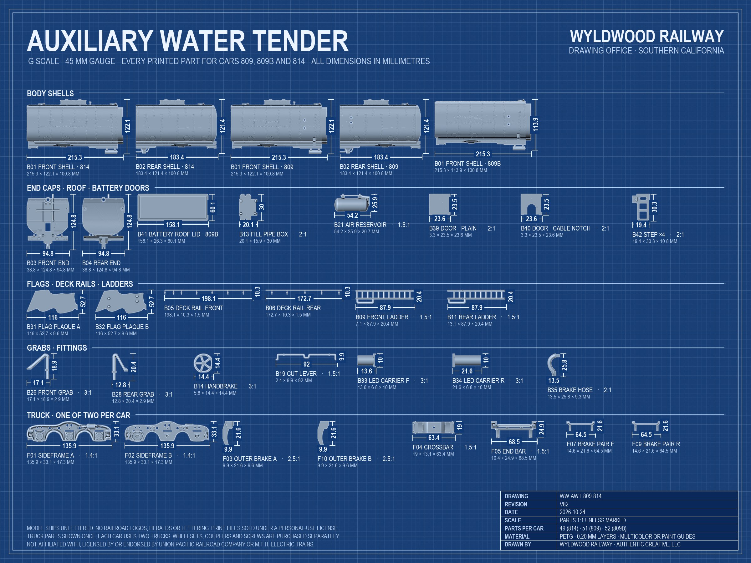 Blueprint-style drawing sheet of every 3D-printed part in the G scale auxiliary water tender for cars 809, 809B and 814, each dimensioned in millimetres