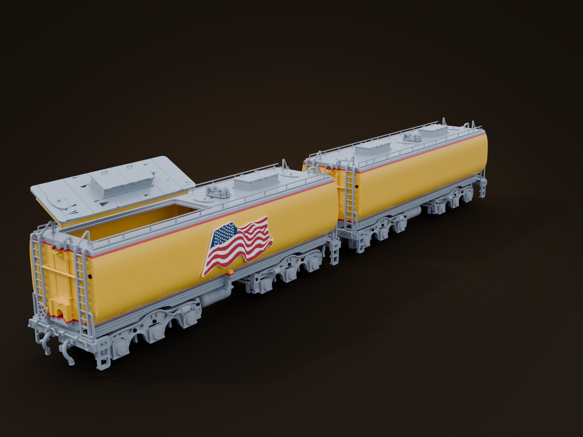 3D-printed G scale water tenders, cars 809B and 814, coupled, with the battery roof lid of 809B lifted out