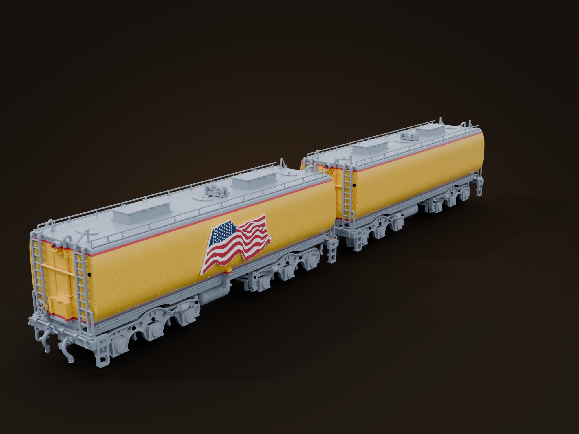 3D-printed G scale water tenders, cars 809 and 814, coupled, front three-quarter view
